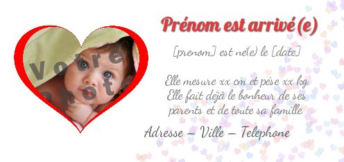 Faire Part Naissance Coeur Bebe avec photo à imprimer