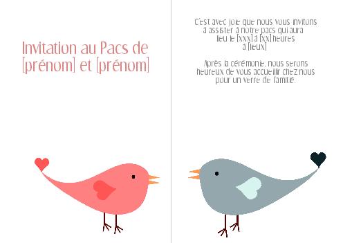 Verso Faire Part Pacs Coeur Oiseau gratuit à imprimer