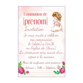 faire part communion fille fleur rose 