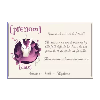 faire part naissance licorne bebe fille mauve 