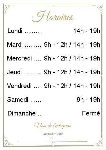 Affiche Commerce Restaurant Horaire Doree à imprimer