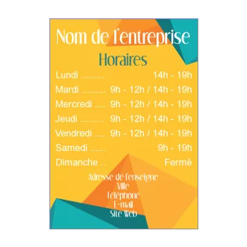 affiche commerce restaurant horaire abstrait bleu jaune orange 