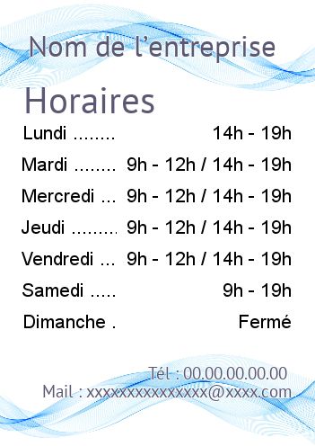 Affiche Commerce Restaurant Horaire Bleu gratuit à imprimer