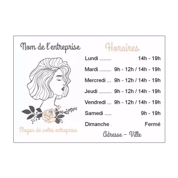 affiche coiffure commerce restaurant horaire dessin femme fleur gris 