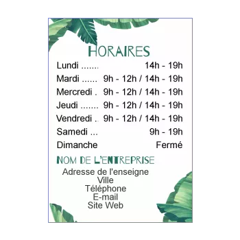 affiche commerce restaurant horaire fleuriste feuille fleur vert 