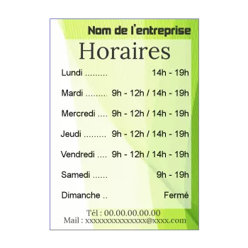 affiche commerce restaurant horaire abstrait vert 