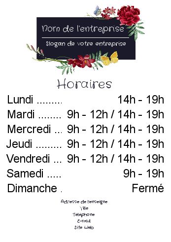 Affiche Commerce Restaurant Horaire Blanc à imprimer