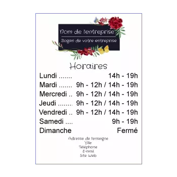 affiche commerce restaurant horaire blanc fleur 