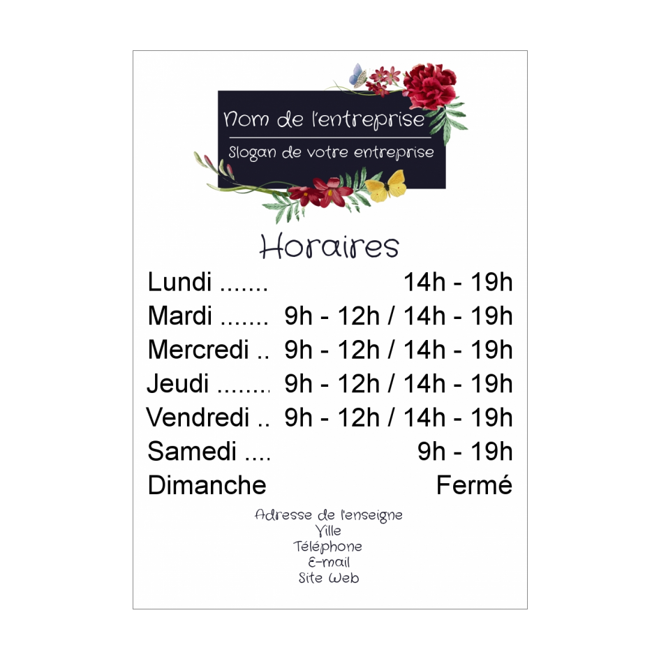 Affiche Commerce Restaurant Horaire Fleur Blanc à Imprimer (carte 3128)