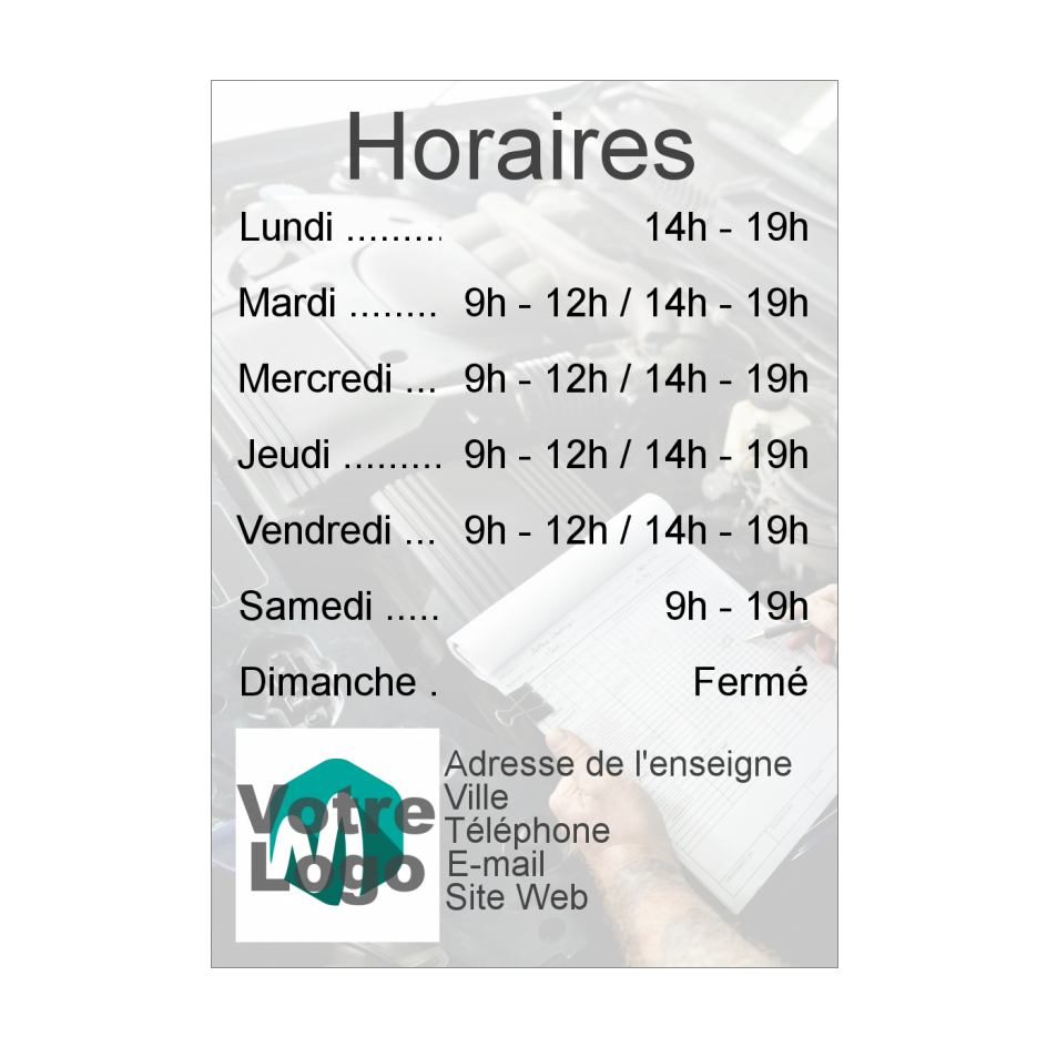 Affiche Commerce Restaurant Horaire Garage Main avec photo à imprimer (carte 3129) Affiche Commerce Restaurant Horaire Garage Main avec photo à imprimer (carte 3129)