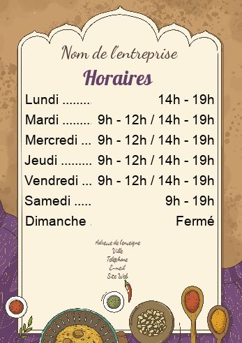 Affiche Commerce Restaurant Horaire Indien à imprimer