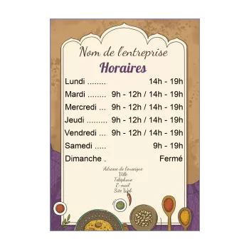 affiche commerce restaurant horaire indien marron mauve 