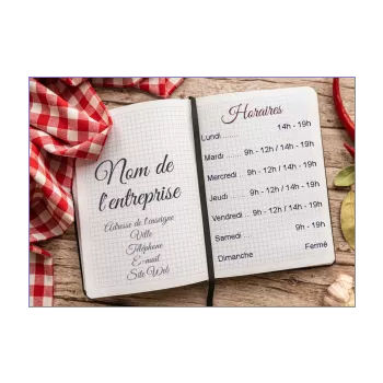 affiche commerce restaurant horaire table nappe bois 
