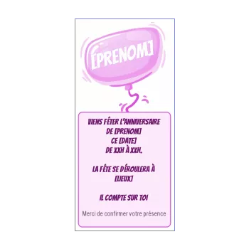 carte etiquette invitation anniversaire ballon enfant fille rose 