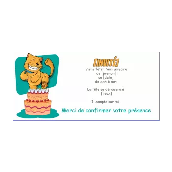 carte invitation anniversaire chat dessin enfant gateau marron vert 