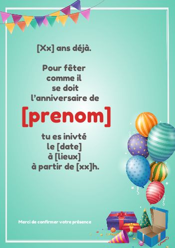 Carte Invitation Anniversaire Cadeau Enfant Ballon à imprimer (carte 2813)