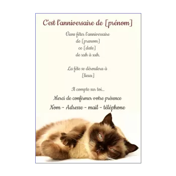 Invitation anniversaire fille chat - Carte anniversaire thème chat