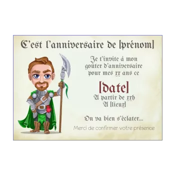 carte invitation anniversaire chevalier dessin enfant garcon vert 
