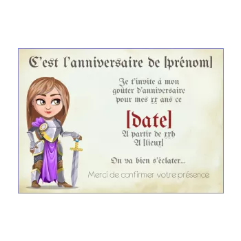 carte invitation anniversaire princesse chevalier dessin enfant fille 