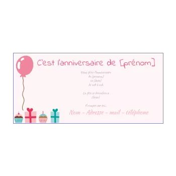 carte invitation anniversaire cadeau ballon enfant fille gateau rose 