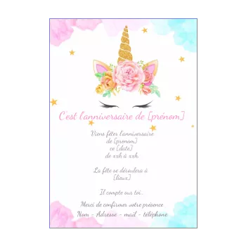 carte invitation anniversaire licorne enfant rose fille animaux 