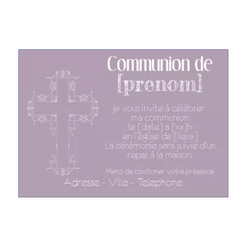 faire part communion croix fille mauve 