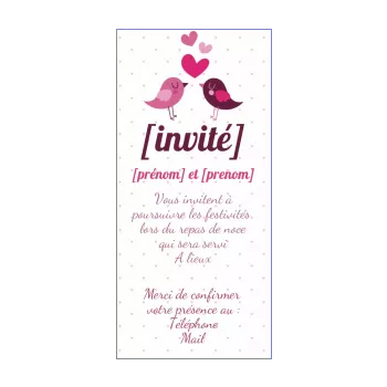 carte invitation mariage repas coeur oiseau mauve rose 
