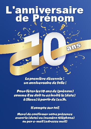 Invitation Anniversaire 10 Ans Doree Bleu gratuit à imprimer (carte 3909)