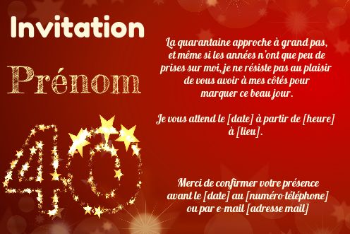 Invitation Anniversaire 40 Ans Doree Rouge gratuit à imprimer (carte 3434)