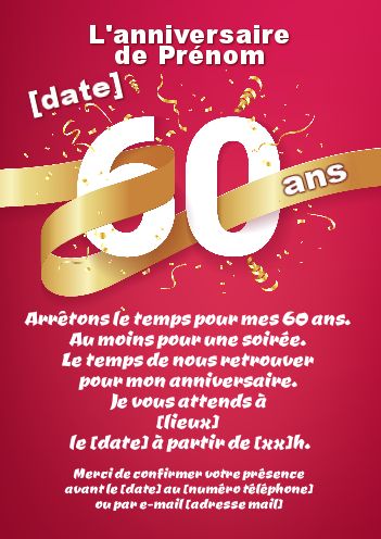 Invitation Anniversaire 60 Ans Doree Rouge gratuit à imprimer