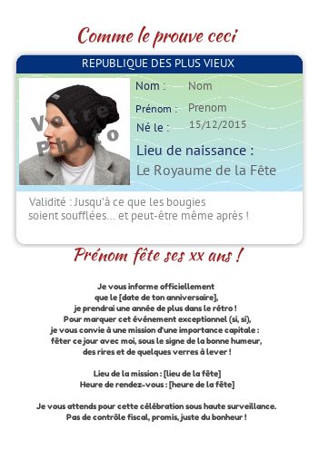 Invitation Anniversaire Carte Identite 30 avec photo à imprimer