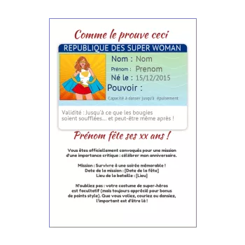 invitation anniversaire carte identite humour super heros femme 