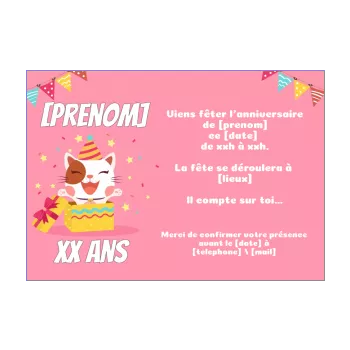 carte invitation anniversaire cadeau chat dessin enfant fille rose animaux 