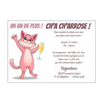 invitation anniversaire champagne humour chat rose 