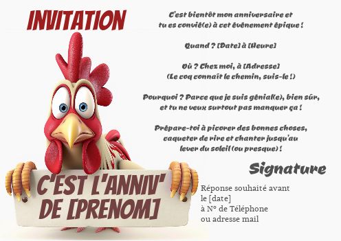 Invitation Anniversaire Coq Pancarte Humour virtuelle gratuit