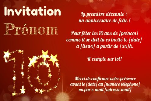 Invitation Anniversaire 10 Ans Doree Rouge Gratuit A Imprimer Carte 3423