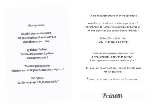 Verso Invitation Anniversaire Programme Emission Tv avec photo à imprimer