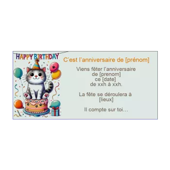 carte invitation anniversaire chat ballon dessin enfant gateau 