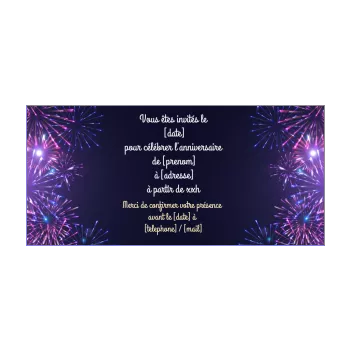 carte invitation anniversaire feu artifice bleu mauve rose 