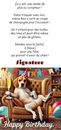 Invitation Anniversaire Champagne Humour Chien virtuelle gratuit