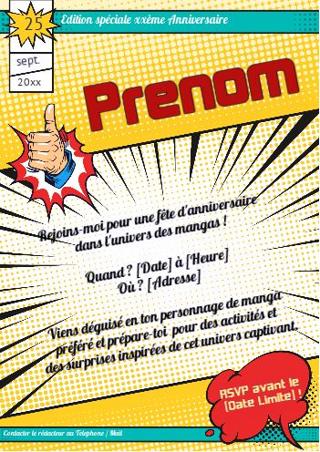 Carte Invitation Anniversaire Manga Jaune virtuelle gratuit