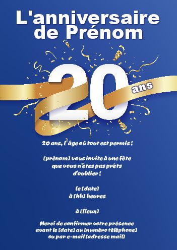 Carte d'invitation anniversaire 20 ans