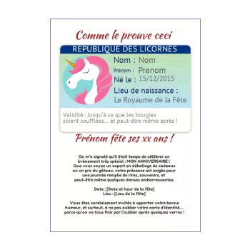 invitation anniversaire carte identite humour licorne 