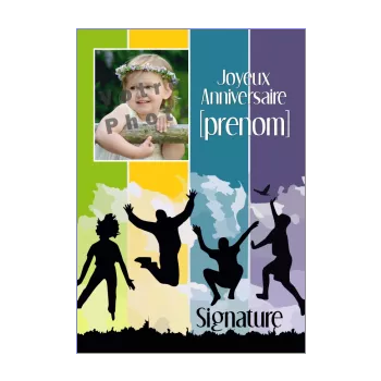 carte joyeux anniversaire bleu danse enfant jaune mauve vert 
