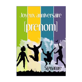 carte joyeux anniversaire bleu danse enfant jaune mauve vert 