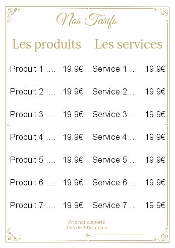 Affiche Liste Prix Doree Blanc à imprimer