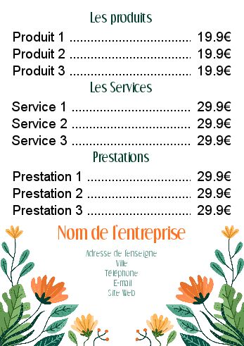 Affiche Liste Prix Fleuriste Dessin à imprimer