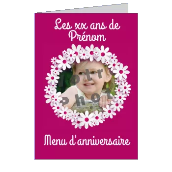 Anniversaire Menu Blanc Fleur Mauve avec photo à imprimer