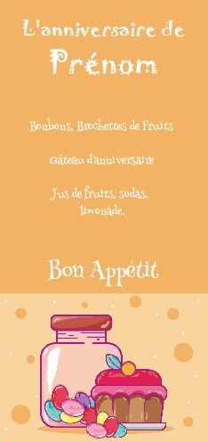 Anniversaire Menu Bonbon Gateau Orange gratuit à imprimer