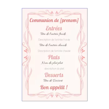 menu communion elegant fille rose 